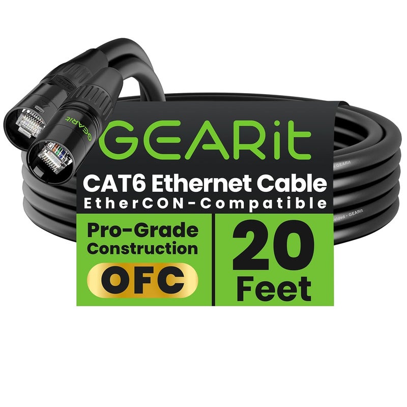 GearIT كابل إيثركون CAT6 محمي (20 قدم) كابل احترافي للصوت والإضاءة متوافق مع RJ45 للإستوديو، المسرح، الحفلات - 20 قدم أسود - Image 1